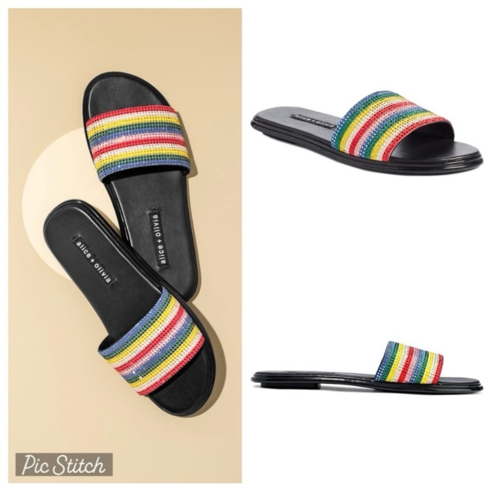 $175 Alice + Olivia Tami Crystal Striped Embellished Sandals Slides size 6